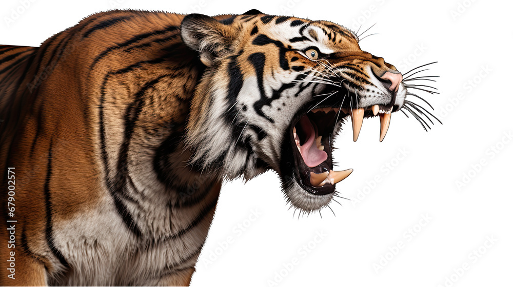Obraz premium Angry Tiger Side View of Face Isolated on Transparent or White Background, PNG