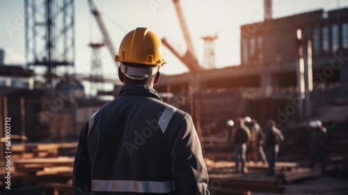 Unrecognizable engineering foreman wearing safety helmet looking to large factory construction site, architect Manager or builder inspect working with labor worker on sunny day, men at work occupation