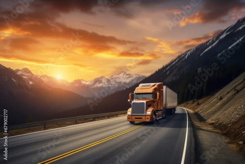 Truck or lorry is on the road highway in mountain at sunset © leriostereo