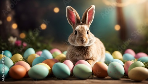 Photo of a cute rabbit surrounded by a colourful field of Easter eggs created with Generative AI technology  © Naazia