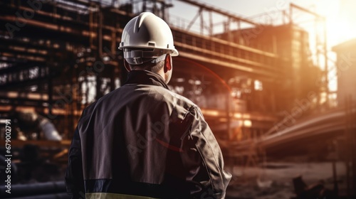 Unrecognizable engineering foreman wearing safety helmet looking to large factory construction site  architect Manager or builder inspect working with labor worker on sunny day  men at work occupation