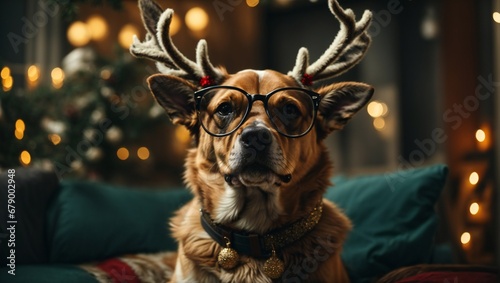 Cane di razza pastore tedesco vicino all'albero di Natale e ai pacchetti dei regali in una atmosfera natalizia
 photo