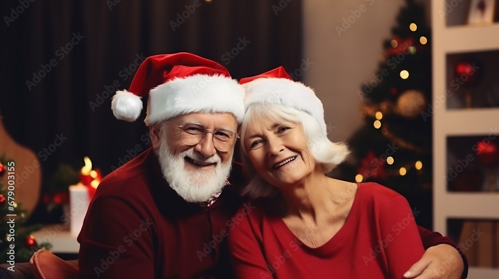 Happy senior couple holding a christmas present while sitting on the sofa at home. Happy senior couple holding a christmas present while sitting on the sofa at home.