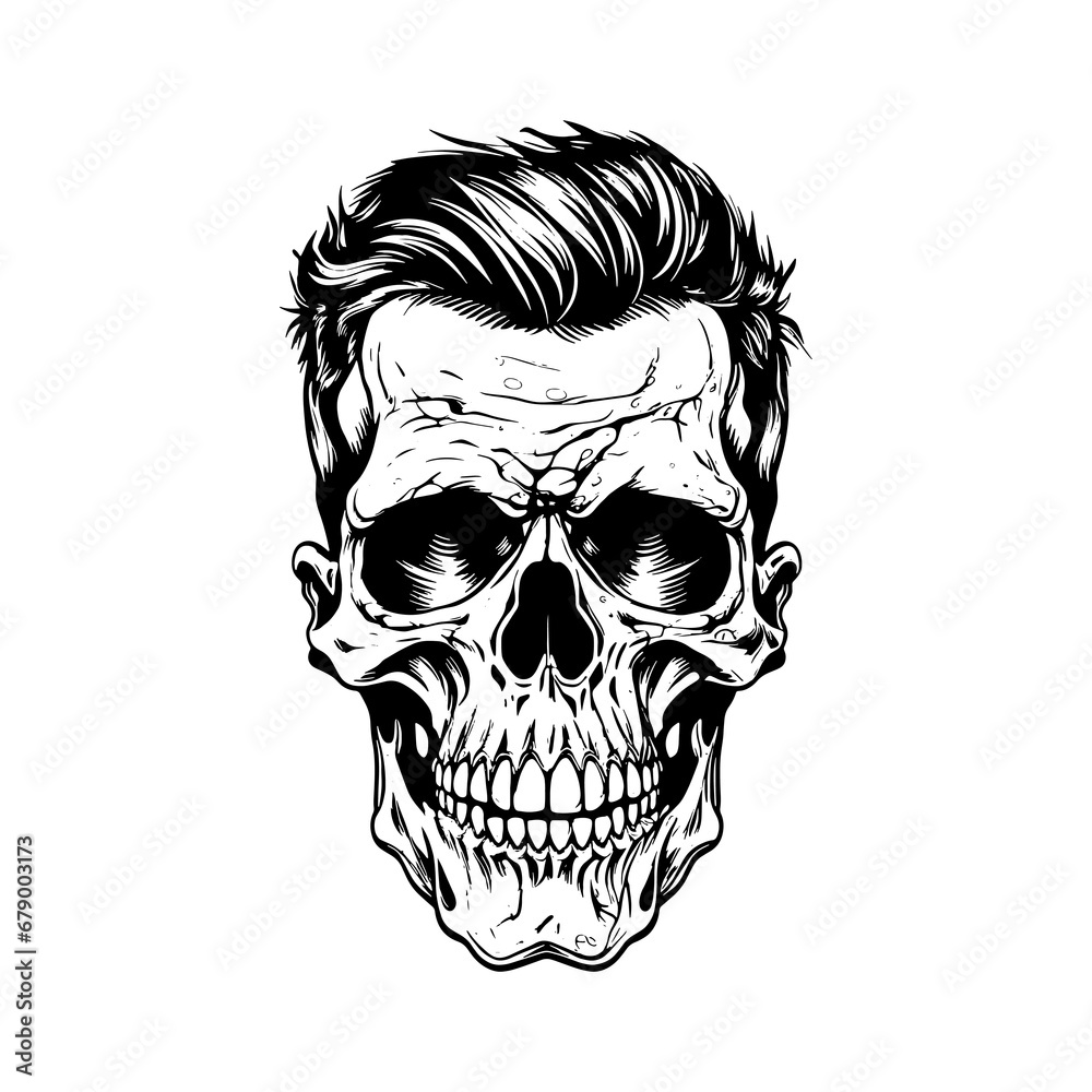 Fototapeta premium Monochrome illustration of skull with beard, mustache, hipster haircut and glasses with transparent lenses. Isolated on white background