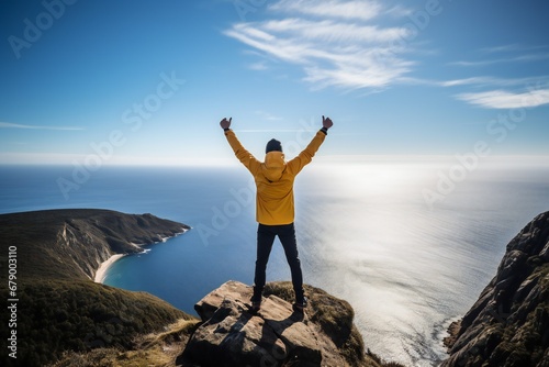 Man with arms up celebrating on top of the mountains - Hiker enjoying freedom on a hill