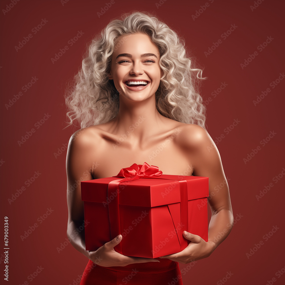 A happy woman dressed in a Santa costume is holding a red gift box and spreading the joy of Christmas.