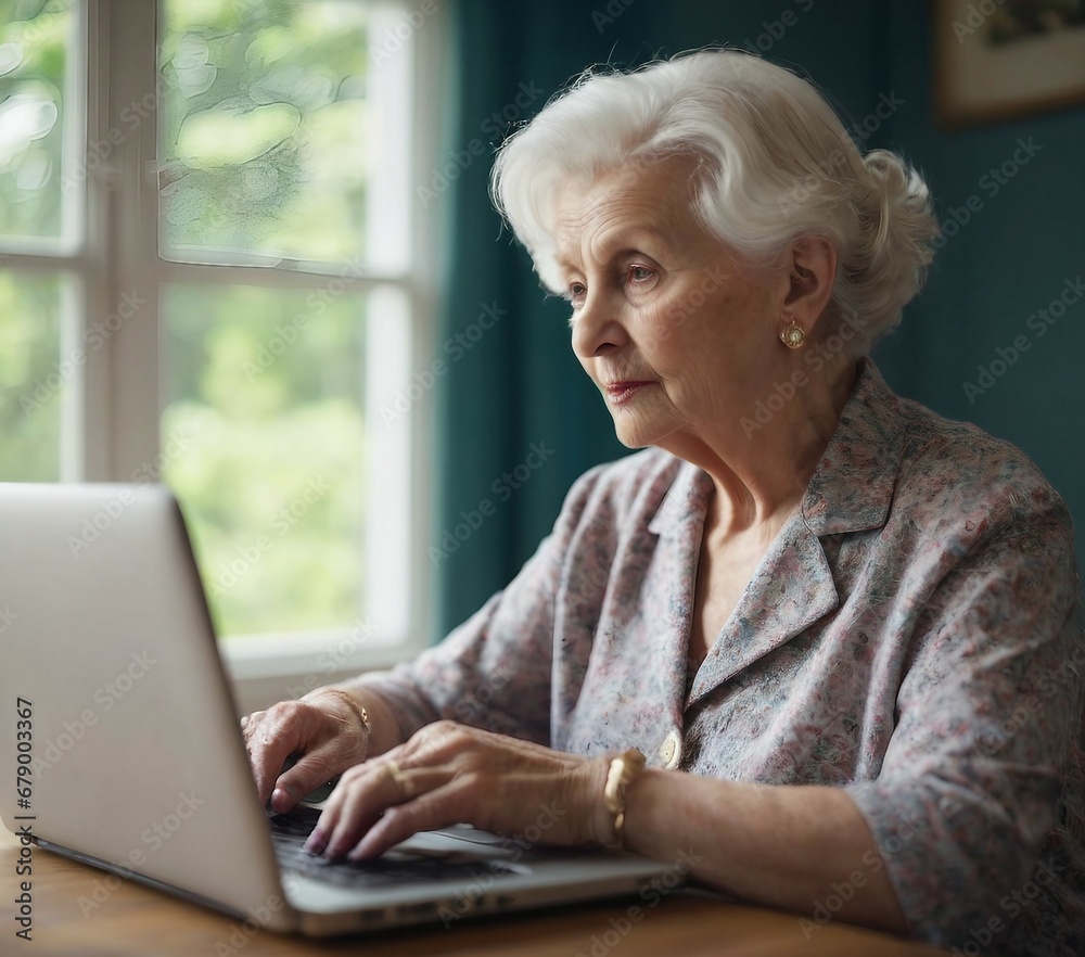 Senior Woman with White Hair Engaged in Online Activities on a Laptop at Home, Portraying Modern Elderly Lifestyle and Technology Use in Domestic Setting Senior Woman with White Hair Engaged in Online Activities on a Laptop at Home, Portraying Modern Elderly Lifestyle and Technology Use in Domestic Setting