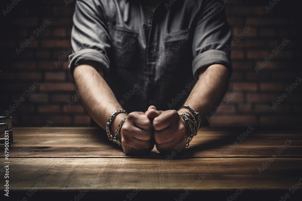 Male hands in handcuffs on wooden table. Iron chains on the hands - obrazy, fototapety, plakaty 