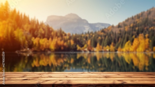 The empty wooden table top with blur background of lake and mountain in autumn. Exuberant image. generative ai © Summit Art Creations