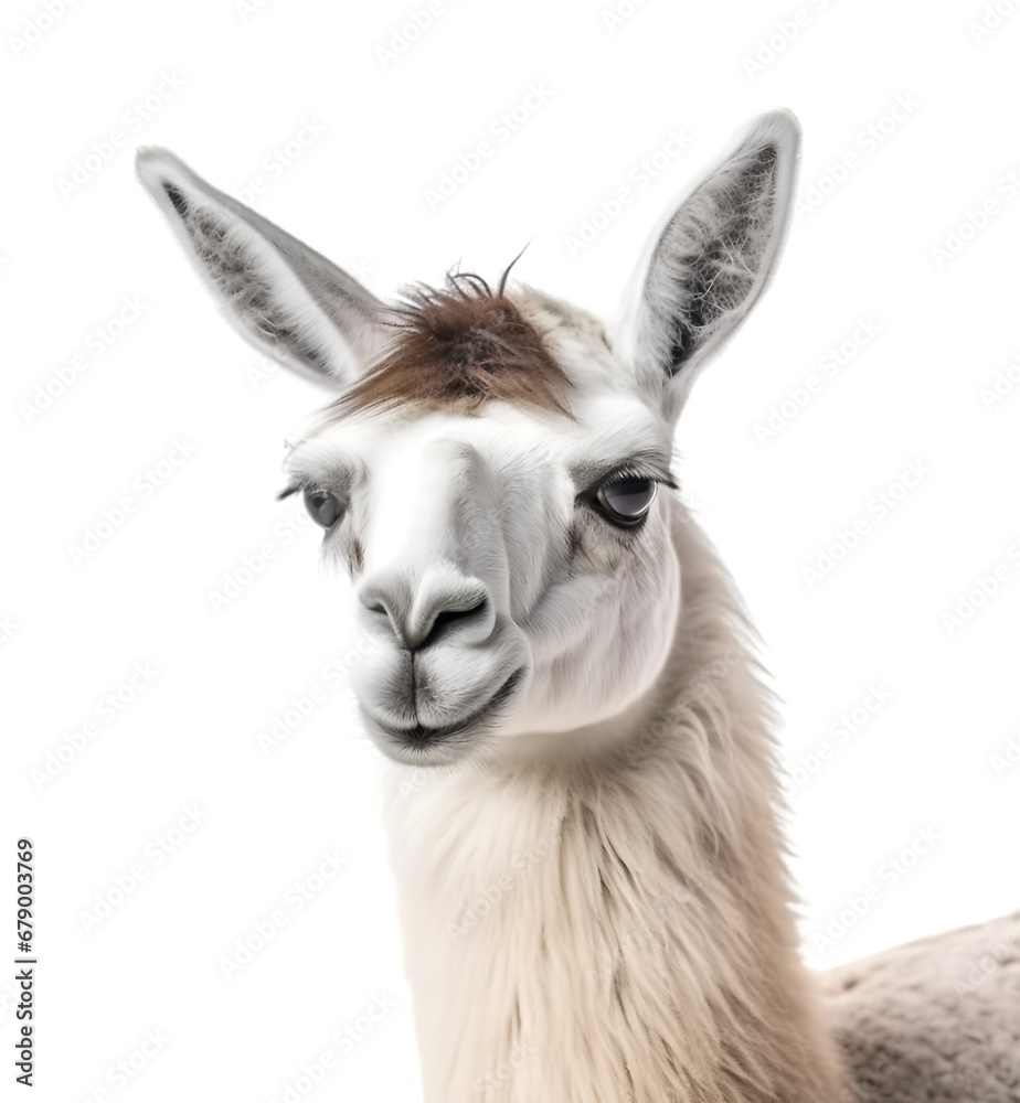 portrait of llama, close up shot isolated on transparent background. 