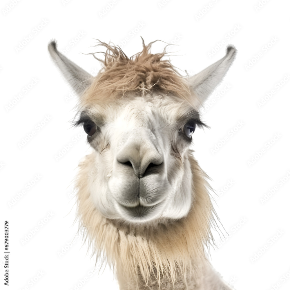 close up shot, portrait of light brown llama isolated on transparent background. 