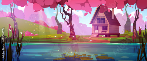 Wooden hut on lake shore in forest with pink trees