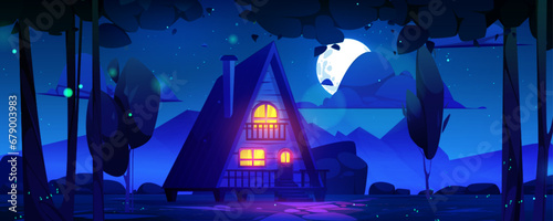 Cartoon summer night landscape with wooden house
