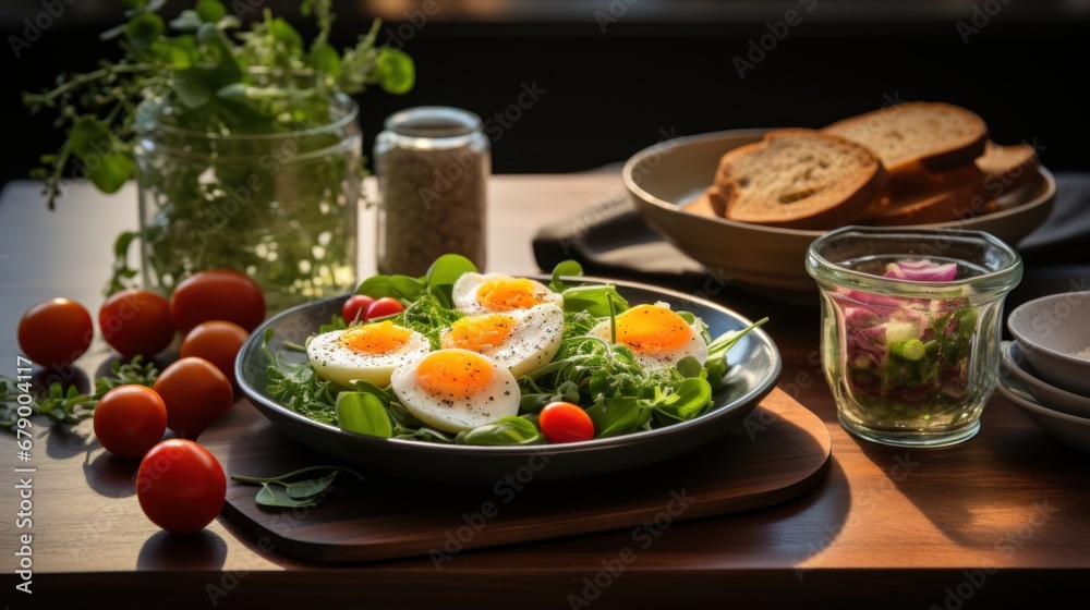A plate of eggs on top of a green salad
