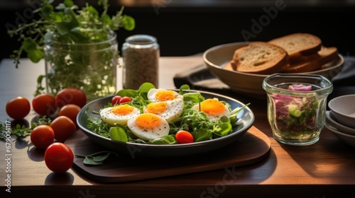 A plate of eggs on top of a green salad