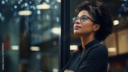 A woman wearing glasses looking out a window