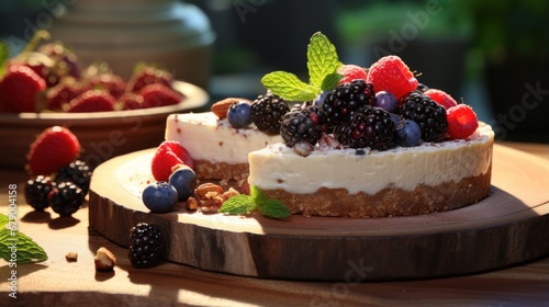 A cheesecake topped with berries and mint leaves