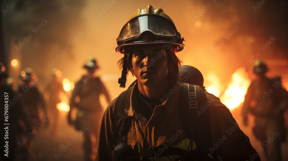 Brave firefighter battling flames in downtown city Brave firefighter battling flames in downtown city