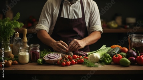 A man in an apron chopping vegetables on a table
