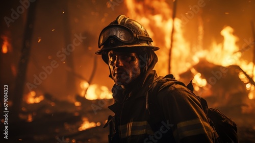 A firefighter standing in front of a fire photo