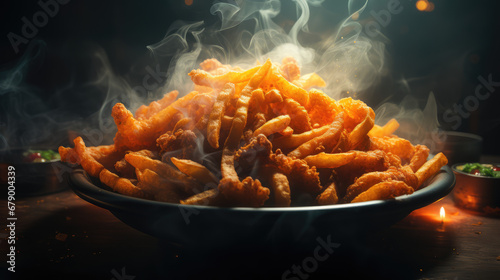 a basket of seasoned curly fries, dramatic studio lighting and shollow depth of field photo