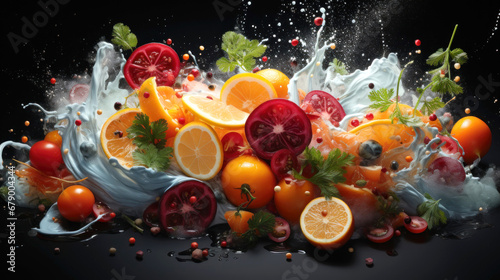 A bunch of fruit that is falling into the water photo