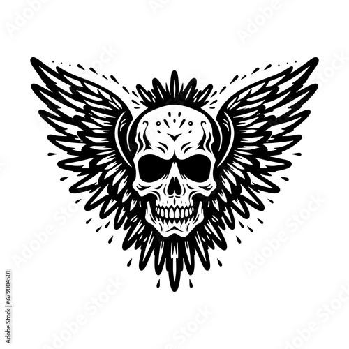 Fototapeta Naklejka Na Ścianę i Meble -  Bold and striking black and white Hand drawn illustration of a chicano skull with wings tattoo design, exuding power and edginess