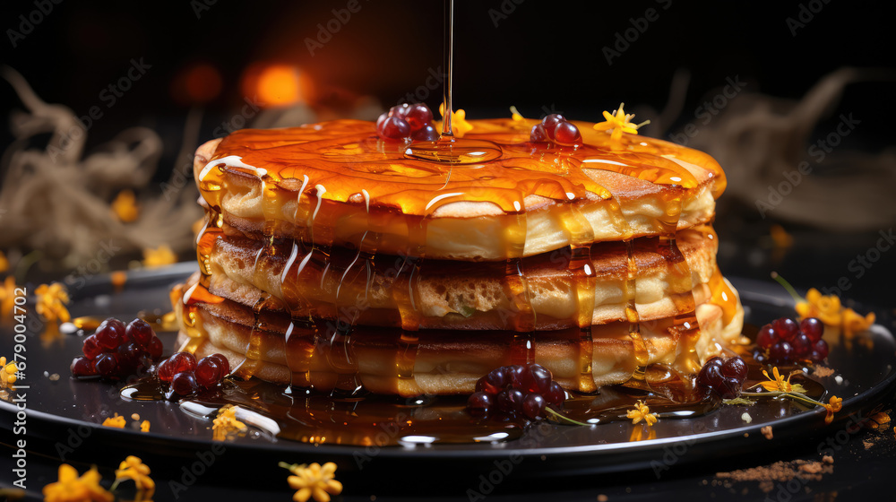 pancake of honey puring, dramatic studio lighting and shollow depth of field pancake of honey puring, dramatic studio lighting and shollow depth of field