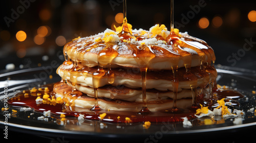 pancake of honey puring, dramatic studio lighting and shollow depth of field