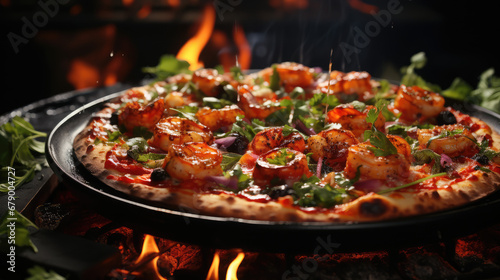 seafood pizza, dramatic studio lighting and shollow depth of field