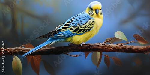 A blue and yellow budgie bird with a yellow and blue feather  Captivating Blue and Yellow Budgie photo