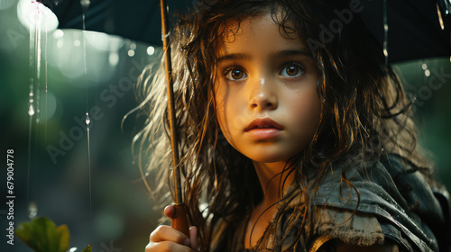 a kid girl holding umbrella in the forest