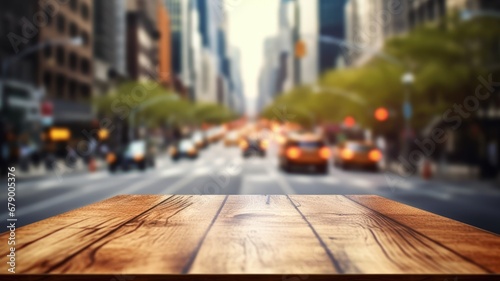 The empty wooden table top with blur background of NYC street. Exuberant image. generative AI © Summit Art Creations