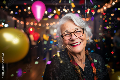 Happy elderly woman celebrating new year eve with confetti falling on her