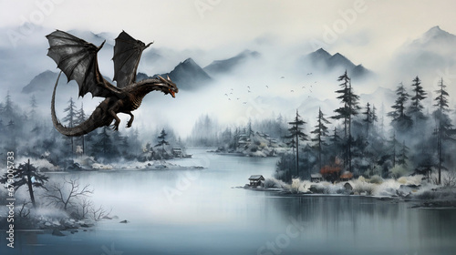 Black dragon flying over Japans countryside - winter, mountains