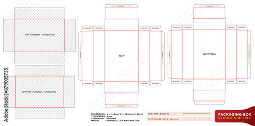 die cut Box top and bottom models hard box template with the dimension measurement and thickness for packaging brand, product compartment unique design, minimalist conceptual holder, parcel stationery
