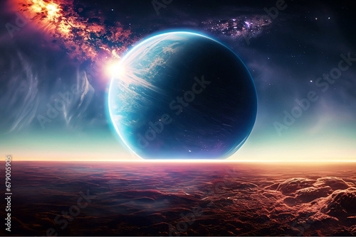 Planet emerging on the horizon of the universe epic scene with lights and space for text.