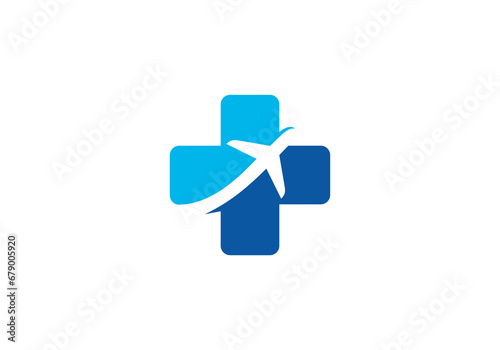 health and plane logo, medical travel design vector template.