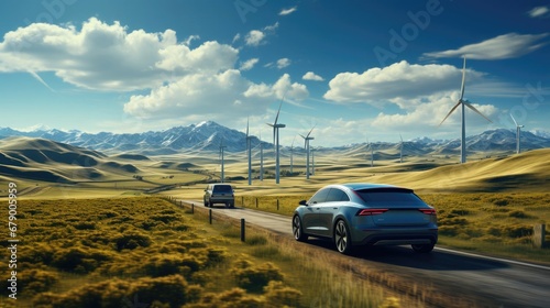 Wind power plants along the road and electric cars passing by, the concept of ecology and green energy, alternative methods of generating electricity