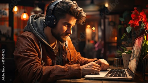 Young man playing a computer game on a laptop at home with headphones