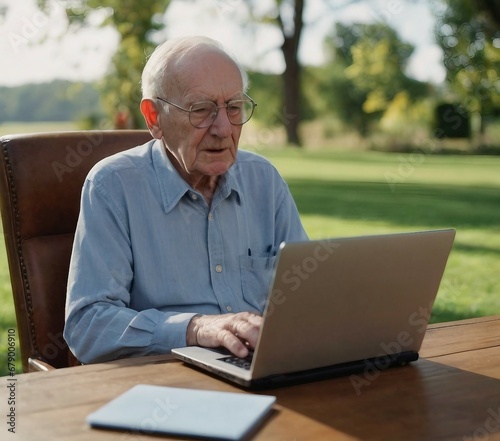 Elderly Gentleman Using Laptop Outdoors on a Sunny Day, Engrossed in Technology, Comfortable Casual Attire, Experiencing Modern Connectivity, Focused and Thoughtful Expression, Seated on Wicker Chair