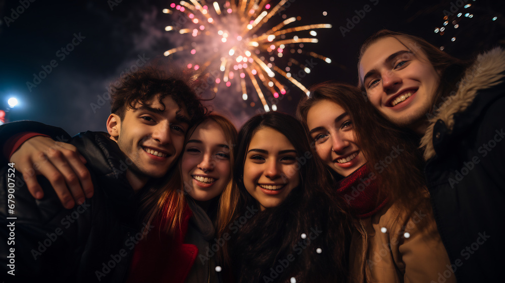 Portrait of happy group of people friends with a huge fireworks in the background