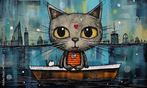 a cartoon of a Cute little cat sitting on a boat in the middle of the rive