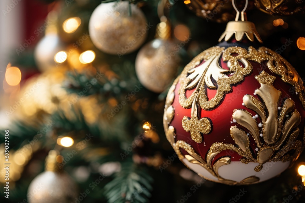 Decorated Christmas tree and abstract background. Generative AI Decorated Christmas tree and abstract background. Generative AI