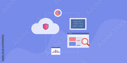 Secure cloud computing, content data internet network connection web hosting technology digital business solution vector illustration.
