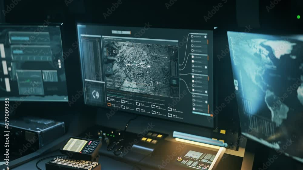 Innovative Satellite Control Panel Analyzing Data To Discover Mission Target Position. Radar Software Panel. Secret Spy Mission Target Search. Target Location Tracking Panel. Surveillance Mission Innovative Satellite Control Panel Analyzing Data To Discover Mission Target Position. Radar Software Panel. Secret Spy Mission Target Search. Target Location Tracking Panel. Surveillance Mission