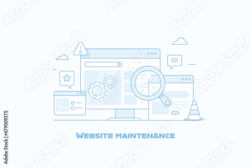 Website maintenance software installation, application system update, error fixing filled outline vector illustration.
