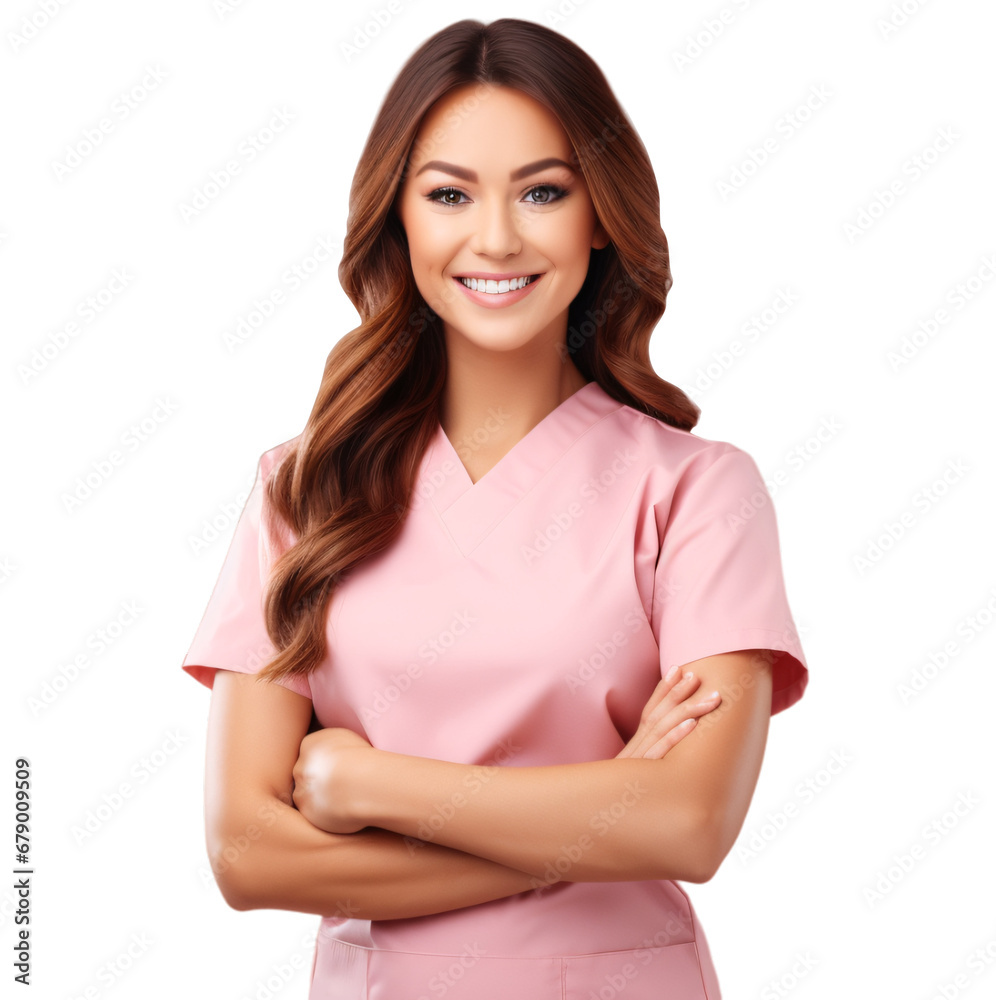 a portrait of arms crossed young Asian female nurse showing pride in his profession or job isolated on a transparent background, a professional nurse with a uniform photo PNG - obrazy, fototapety, plakaty 