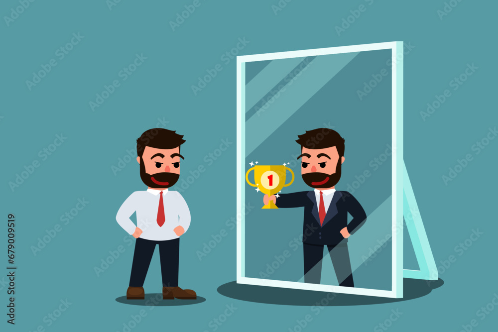 Businessman standing confidently looking in the mirror sees himself in the mirror succeeding. Businessman dreams of growing up to The Winner. man holding trophy. Business Concept. Vector illustration