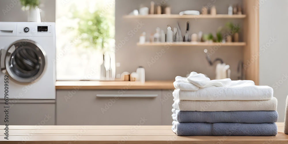 Wooden tabletop counter with towels. out of focus washing machine in home laundry. Wooden tabletop counter with towels. out of focus washing machine in home laundry.
